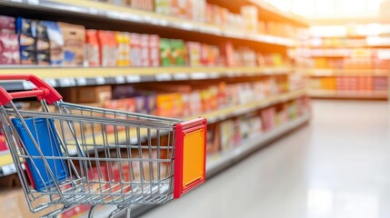Vibrant product display shelves with colorful shopping carts, labels under spotlight, showcasing a variety of brands, organized and clean