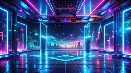 Obraz premium Futuristic digital landscape with holographic displays and neon lights, technology, future