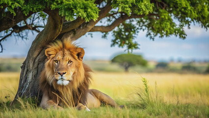 Naklejka premium Lion resting in savanna under the shade of a tree, wildlife, predator, African, safari, mane, majestic, feline, carnivore
