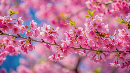 Fototapeta premium Vibrant pink cherry blossoms on branch during springtime season, sakura, flowers, tree, branch, spring, blooming, fresh