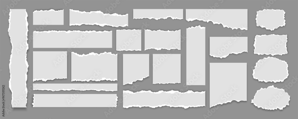 Poster collection of a big set of white torn paper sheets with isolated realistic shadow effect, collection