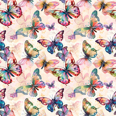 Bright colorful butterflies on a delicate pink watercolor background. Seamless pattern.