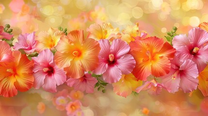 A vibrant arrangement of hibiscus flowers in various colors against a soft, blurred background.