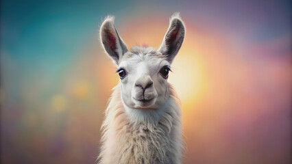 Fototapeta premium Adorable llama with a cute face posing on a pastel background, llama, cute, adorable, animal, mammal, fluffy, pet, portrait, colorful