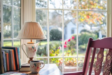 Cozy home office corner featuring a desk, coffee mug, and books, relaxing and functional workspace with natural light through the window.