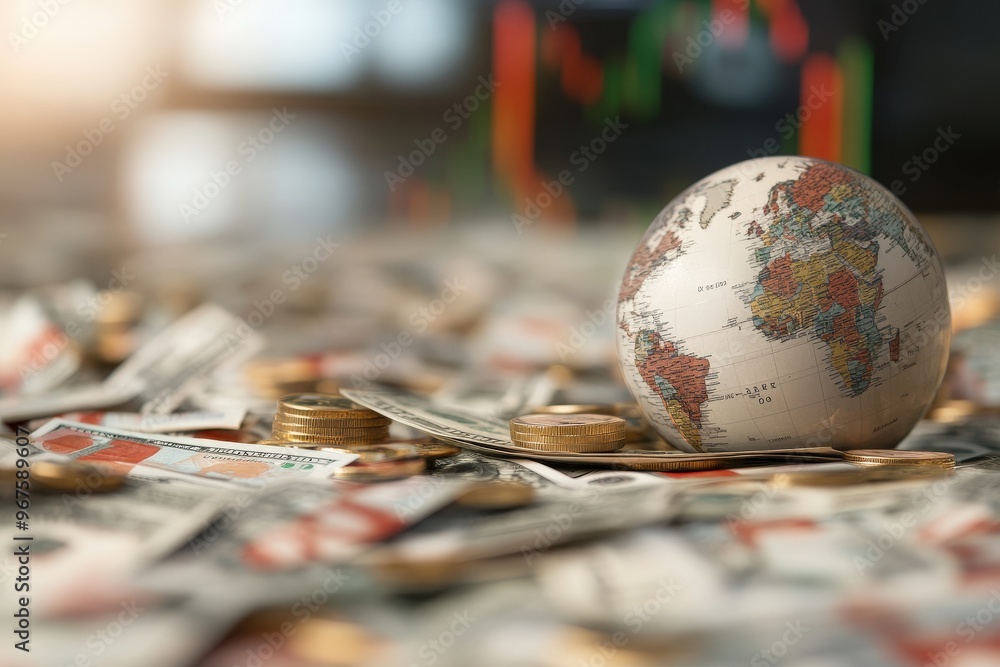 Poster exploring economic prosperity through global trade and investment in a unique visual context