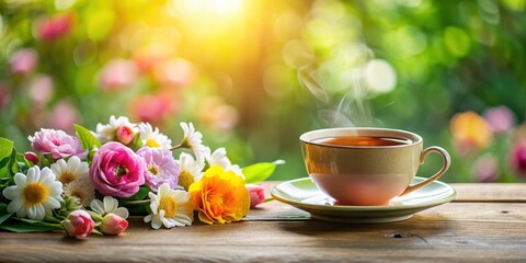 Cup of tea with beautiful flowers in a serene setting, tea, cup, flowers, petals, nature, herbal, relaxation, drink