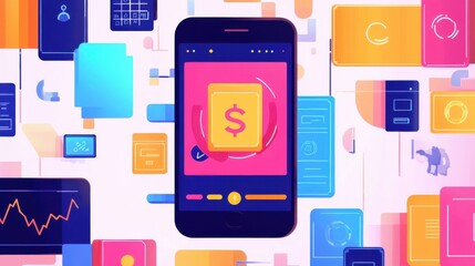 A modern smartphone displaying digital finance concepts with icons and graphs, representing e-commerce and online transactions.