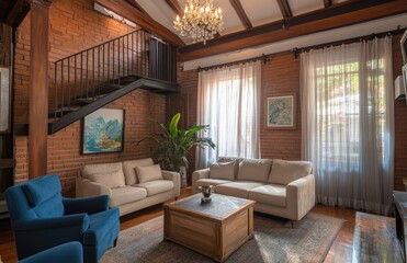  A beautifully decorated living room with brick walls, a vintage sofa and armchair in light colors, a blue chair, a wooden floor covered by an oriental carpet. Created with Ai