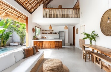 A photo of the interior design of an old, white-walled villa in Tulum with rustic wooden beams and wood accents, showcasing natural materials like concrete. Created with Ai