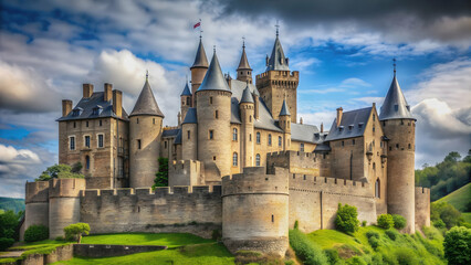 Majestic medieval castle with towering turrets and stone walls, fortress, architecture, kingdom, history, landmark, royalty