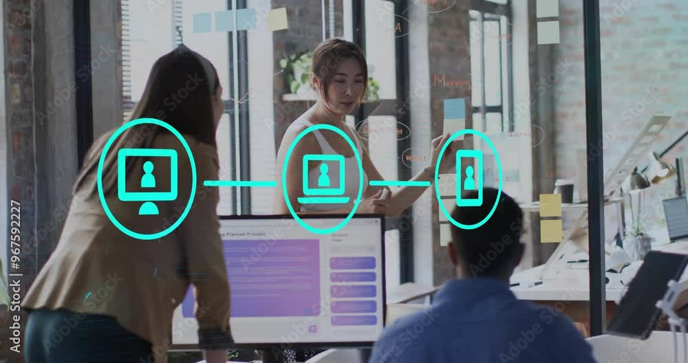 Poster animation of digital icons and data processing over diverse business people in office