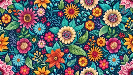 Seamless floral pattern with vibrant colors and intricate details, flowers, garden, blooming, nature, botanical, design