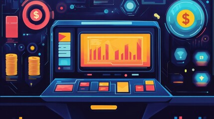 A vibrant, digital workspace featuring monitors and controls, illustrating trends in finance and technology.