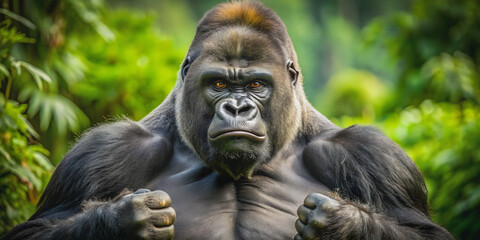 Obraz premium Powerful gorilla displaying strength and dominance in the wild, gorilla, strong, wild, dominant, powerful, mammal, animal
