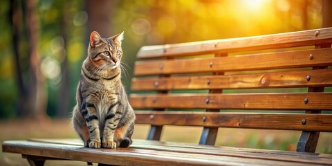 Obraz premium Cat sitting on a wooden bench , feline, pet, domestic, animal, cute, sitting, wooden, bench, outdoor, relaxed, calm, fur