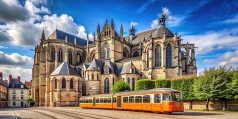 Obraz premium Roman cathedral of Saint Julien with an orange tram in Le Mans, France, Le Mans, France, Roman cathedral