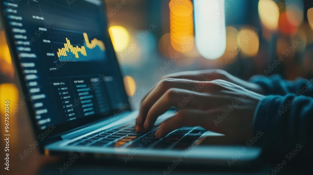 Poster a person analyzing data on their laptop, with the screen showing graphs and tables of traffic analyt