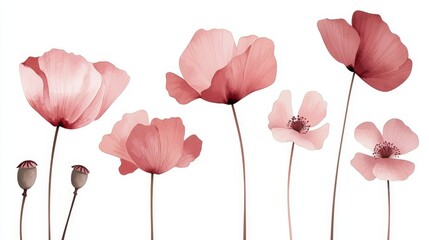 Obraz premium An isolated watercolor painting of poppy flowers on a white background. Set of 50 watercolor paintings of pink and red poppies on a white background.