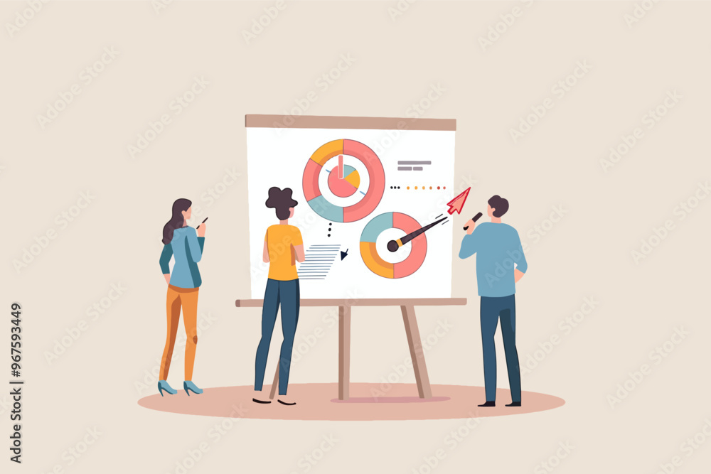 Poster three professionals examining colorful circular charts on a presentation board, demonstrating data a