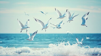 Obraz premium Seagulls Soaring Over Ocean Waves