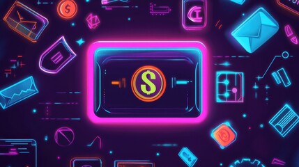 Obraz premium A vibrant digital illustration featuring money symbols and financial icons in neon colors, representing modern finance and technology.