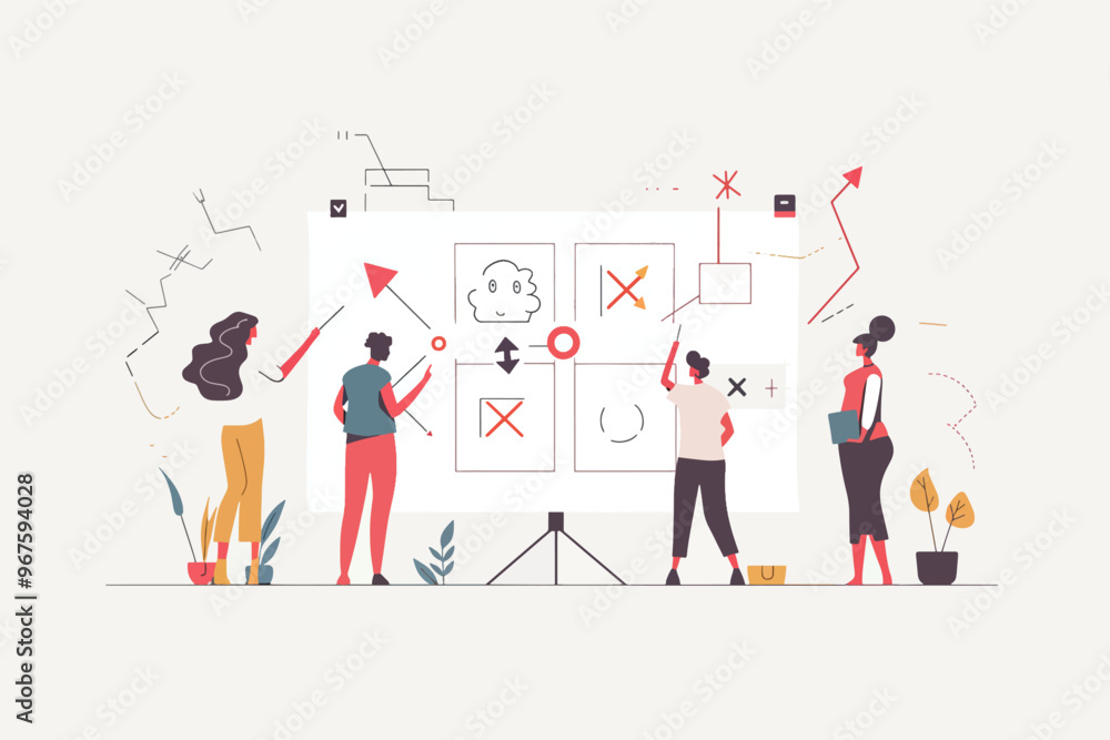 Aufkleber diverse team engaging in a creative brainstorming session, using a whiteboard with various symbols a