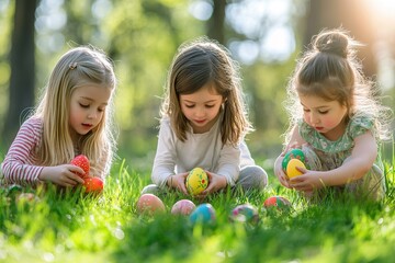 Easter egg hunt with children searching for eggs in a garden, joyful and playful scene with bright spring sunlight in an outdoor backyard.