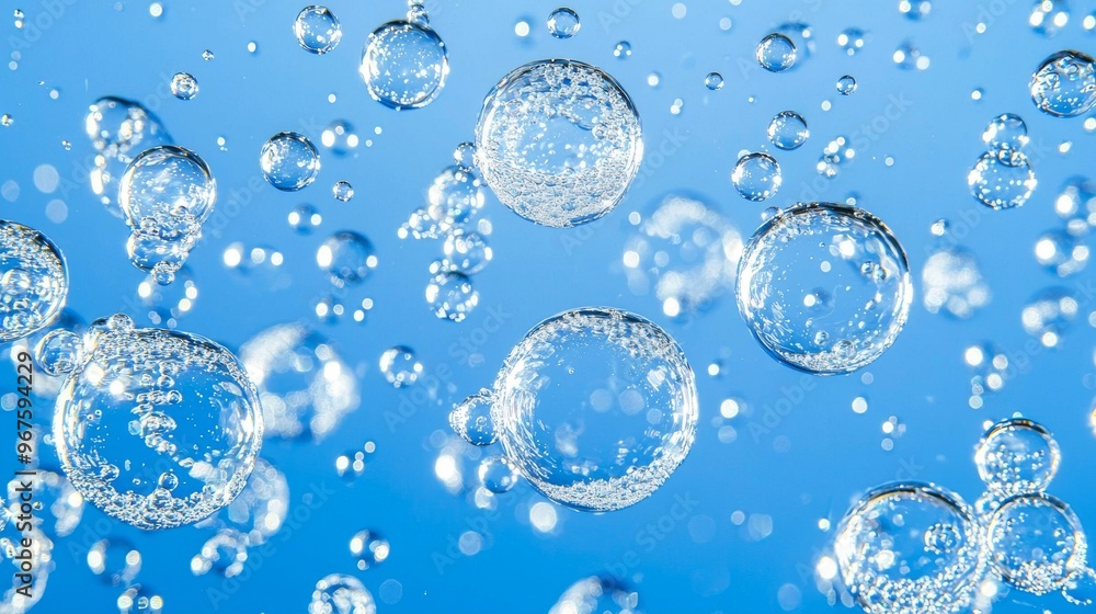 Poster a macro view of a soap bubble bubbles foam in a shower on a blue background, with shallow depth of f