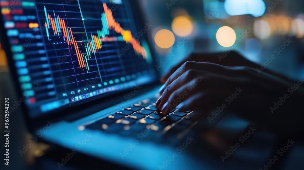 Poster a person analyzing data on their laptop, with the screen showing graphs and tables of traffic analyt