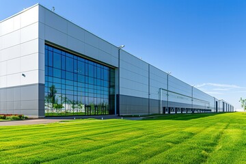 Obraz premium Modern warehouse facade on a sunny day, distribution center. Industrial Building of modern logistics hub. Loading dock. Large Business Entrance. Innovative logistic complex exterior. Cargo storage