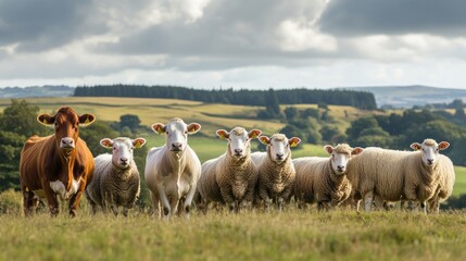 A Herd of Cows and Sheep Grazing in a Pastoral Meadow
