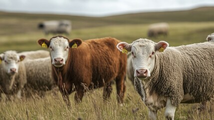 Fototapeta premium Cows and Sheep Grazing in a Lush Meadow