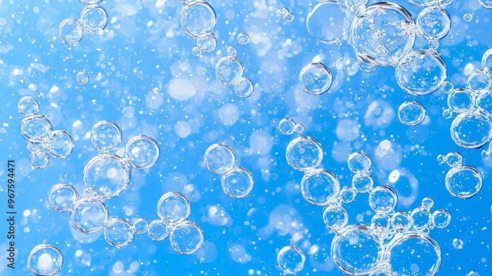 Poster the bubbles of white soap foam on a blue background. suds shower texture macro view photography with