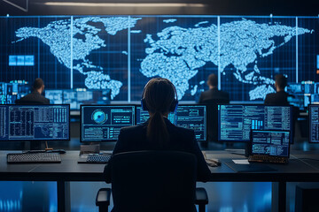 Cybersecurity Analyst Working on World Map Display
