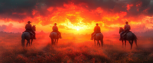 Cowboys sitting on horses, hill, sunset. Wild west. 