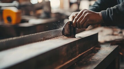 Woodworking in Progress: A Close-up of a Carpenter's Hand Sharpening a Saw