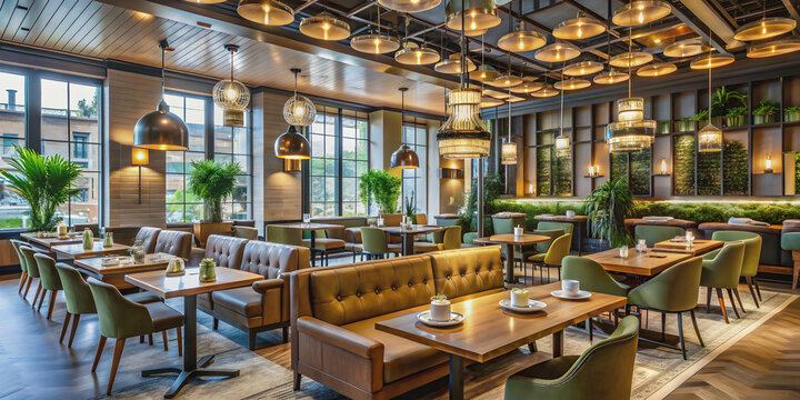 Large restaurant interior with stylish decor and spacious seating area, restaurant, dining, food, interior, decor, seating