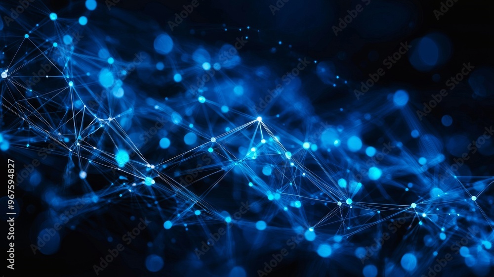 Poster an abstract blue geometry background, depicting a network connection concept with digital technology