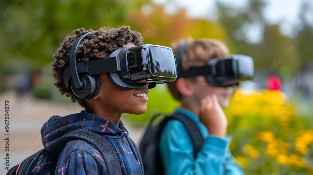 Poster child in virtual reality headset exploring futuristic digital environment