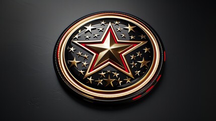 A gold star with a red outline surrounded by smaller stars inside a golden circle on a black background.