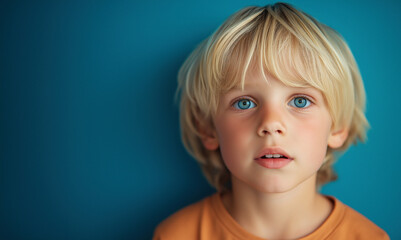 Naklejka premium Portrait of a cute little boy with blond hair and blue eyes