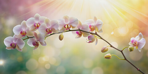 Fototapeta premium Sunlit delicate orchid branch in full bloom , nature, flowers, orchids, delicate, sunlight, beauty, exotic, tropical