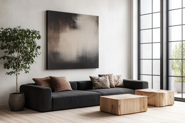 Minimalist, Mid-Century Modern Interior with white walls hanging with art frames and gray sofas and tables. Generative AI
