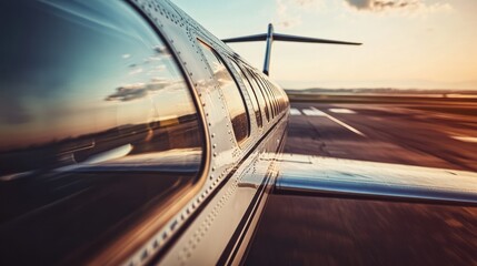 Fototapeta premium Airplane window. The plane is flying over the runway.