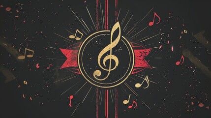 A stylized illustration of a treble clef in a circle with gold accents, surrounded by musical notes, on a dark background.