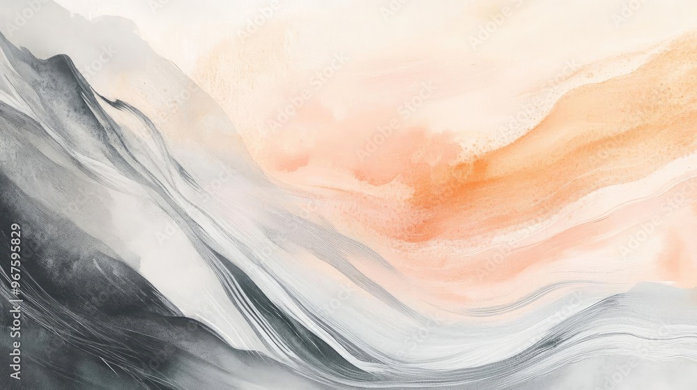 Poster a serene abstract landscape with soft waves of gray and peach hues, creating a calming and harmoniou