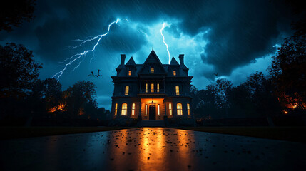 Obraz premium A haunted Victorian house stands ominously under dark clouds, illuminated by flashes of lightning. eerie atmosphere evokes sense of mystery and suspense