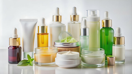 Close-up shot of various cosmetic skincare products including serums, creams, and masks on a white background, skincare, beauty
