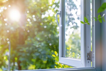New plastic PVC window with white metal frame installed at modern house, view of blurred green trees, blue sky. Advertising. Typical installation of insulated glazing windows with uPVC window frames. © Marina Demidiuk